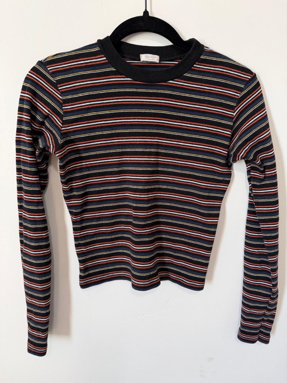 John Galt Striped Long Sleeve Tee Sz M Black with Multi Color Stripes